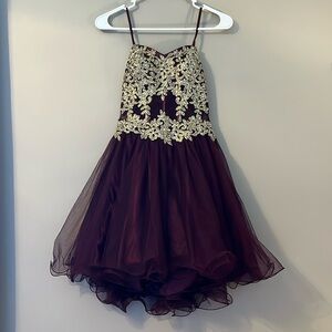 Blonde Nites, burgundy w gold floral design w crystals. Homecoming/Prom dress